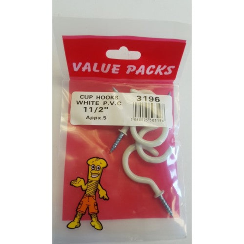 Fast Pak 1 1/2” ( 40mm ) CUP HOOKS WHITE PVC