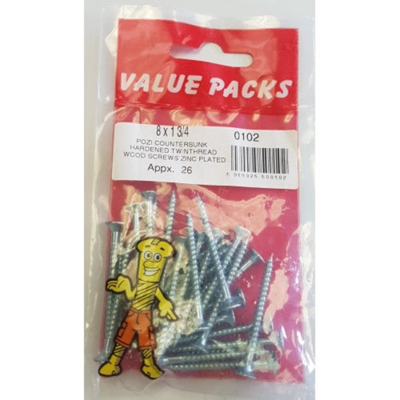 Fast Pak 8 X 1 3/4” POZI CSK HARDENED TWINTHREAD WOODSCREWS ZINC