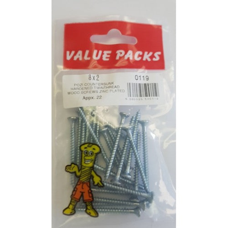 Fast Pak 8 X 2” POZI CSK HARDENED TWINTHREAD WOODSCREWS ZINC