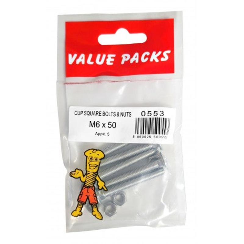 Fast Pak M6 X 50 CUP SQUARE BOLTS & NUTS ZINC